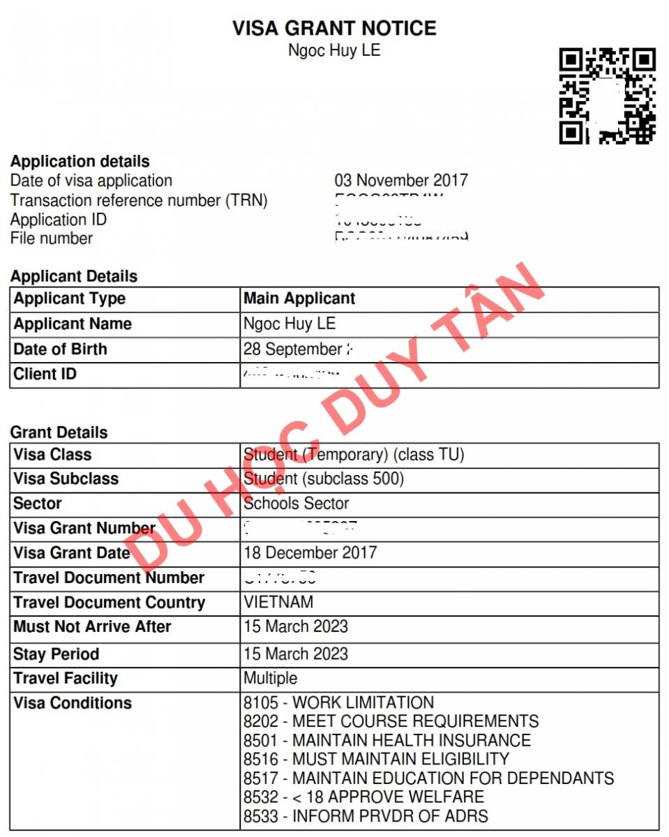 Chúc mừng Lê Ngọc Huy đã được cấp visa du học Úc!